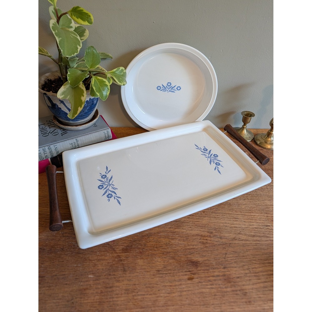 Vintage Corning Ware Blue Cornflower Platter P-35-B with Cradle and Pie Plate